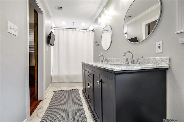 432 Emerald St, New Orleans, LA 70124 - full bathroom with marble finish floors, double vanity, ornamental molding, shower / bath combination with curtain, and recessed lighting