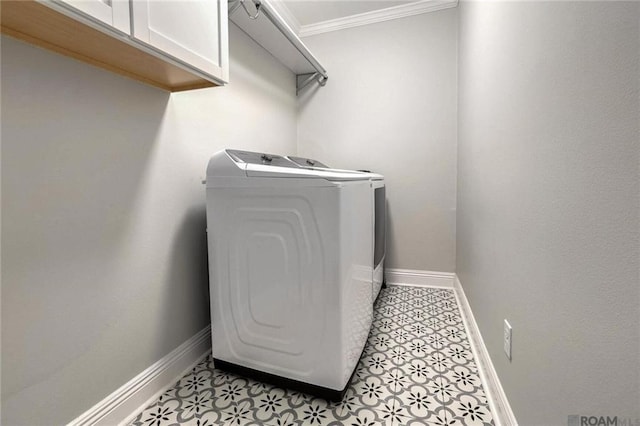 432 Emerald St, New Orleans, LA 70124 - laundry area with independent washer and dryer, cabinet space, and ornamental molding