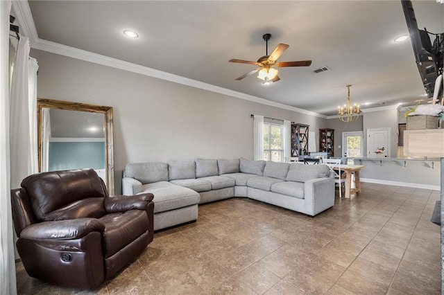 42467 Harlan Pl, Ponchatoula, LA 70454 - living room with ornamental molding, a ceiling fan, a chandelier, and recessed lighting