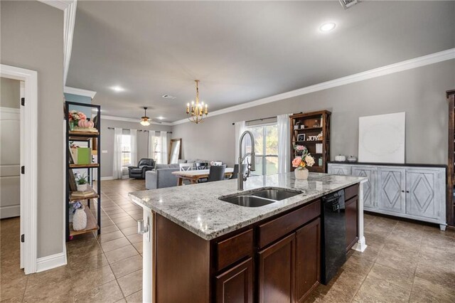 42467 Harlan Pl, Ponchatoula, LA 70454 - kitchen with ornamental molding, black dishwasher, plenty of natural light, a chandelier, and a center island with sink