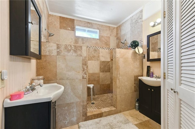 1815 S White St, New Orleans, LA 70125 - bathroom featuring walk in shower, vanity, crown molding, and a closet