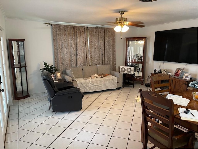 2305 26th St, Kenner, LA 70062 - living area featuring light tile patterned floors, a ceiling fan, and ornamental molding