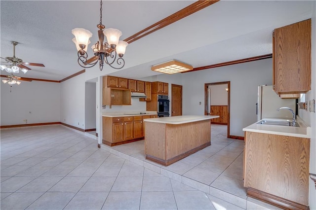119 Gondrella Dr, Belle Chasse, LA 70037 - kitchen featuring ornamental molding, black appliances, light countertops, a ceiling fan, and light tile patterned floors