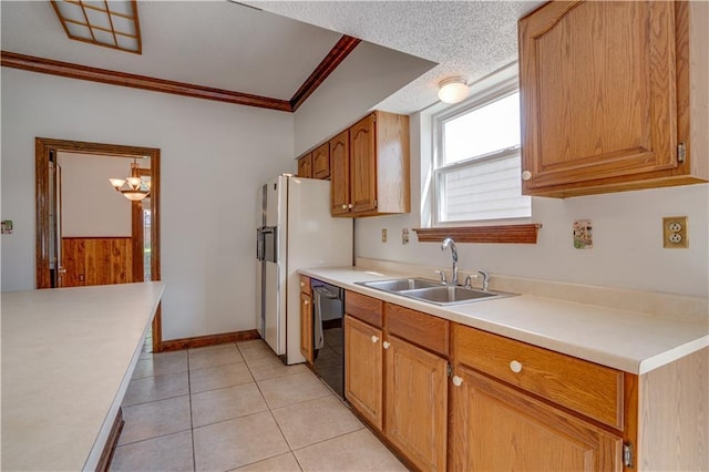 119 Gondrella Dr, Belle Chasse, LA 70037 - kitchen featuring dishwasher, light countertops, crown molding, light tile patterned flooring, and white refrigerator with ice dispenser