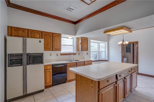 119 Gondrella Dr, Belle Chasse, LA 70037 - kitchen featuring white refrigerator with ice dispenser, dishwasher, a textured ceiling, light countertops, and crown molding