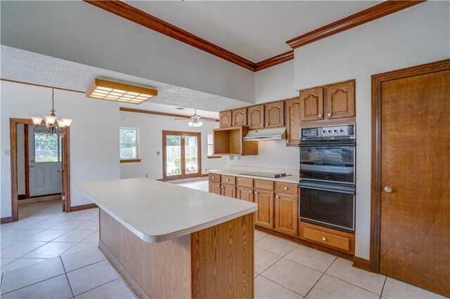 119 Gondrella Dr, Belle Chasse, LA 70037 - kitchen with black appliances, a textured ceiling, light tile patterned floors, ornamental molding, and light countertops