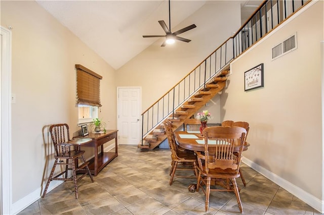 1500 Madewood Rd, La Place, LA 70068 - dining room with high vaulted ceiling, stairway, and a ceiling fan