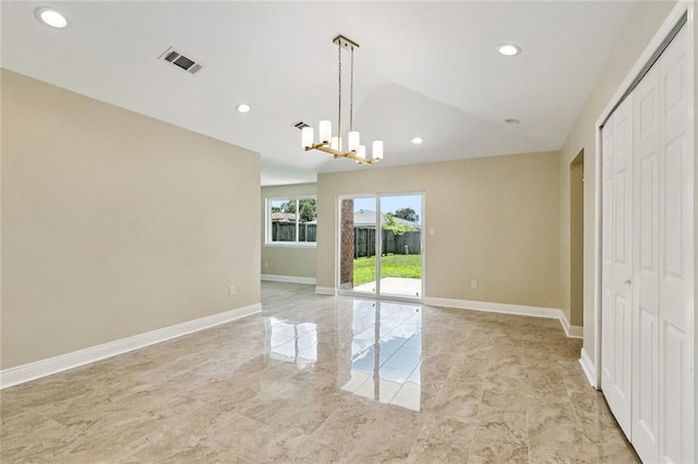 4742 Virgilian St, New Orleans, LA 70126 - unfurnished room with a chandelier, recessed lighting, lofted ceiling, and light marble finish floors