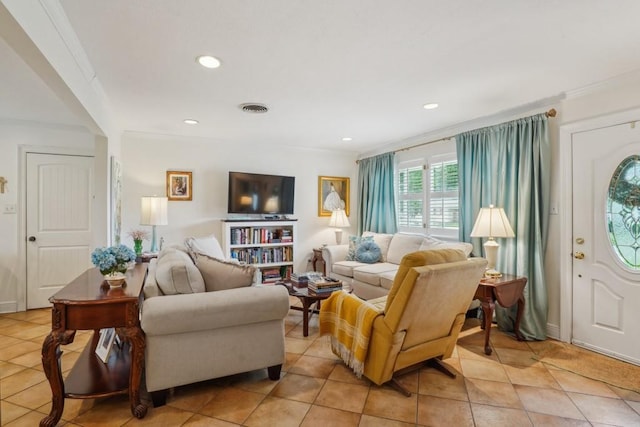 4320 Academy Dr, Metairie, LA 70003 - living area featuring ornamental molding, light tile patterned flooring, and recessed lighting