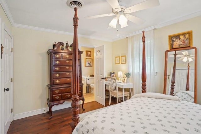 4320 Academy Dr, Metairie, LA 70003 - bedroom with dark wood-style flooring, ornamental molding, connected bathroom, a ceiling fan, and an office area