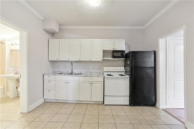 81214 Eliza St, New Orleans, LA 70114 - kitchen featuring black appliances, white cabinetry, light tile patterned floors, and ornamental molding