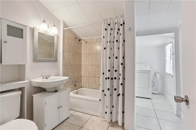 81214 Eliza St, New Orleans, LA 70114 - bathroom featuring washer / dryer, crown molding, tile patterned floors, shower / bath combination with curtain, and vanity