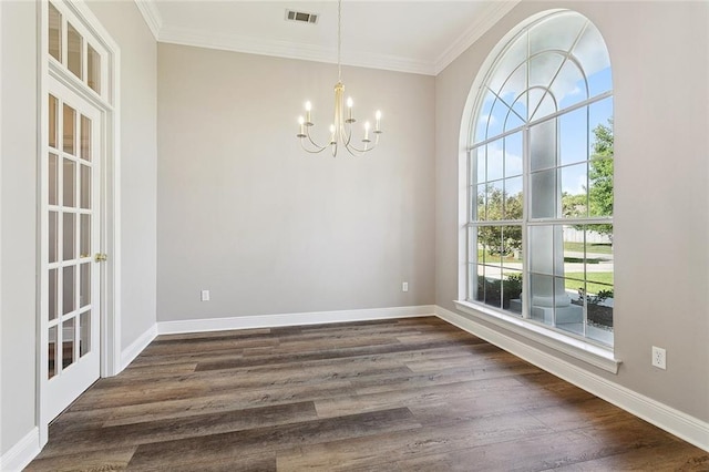 319 Red Maple Dr, Mandeville, LA 70448 - empty room with a chandelier, ornamental molding, and dark wood-style flooring