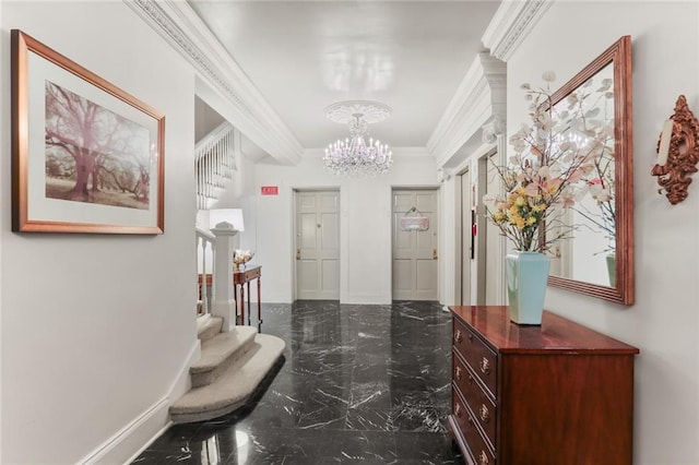 5421 St Charles Ave Unit 2D, New Orleans, LA 70115 - hall featuring dark marble finish flooring, ornamental molding, stairs, and a chandelier