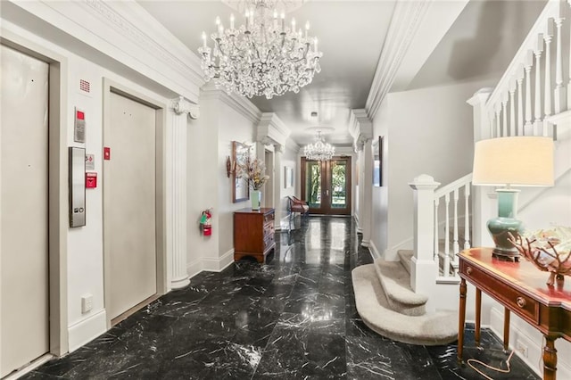 5421 St Charles Ave Unit 2D, New Orleans, LA 70115 - hall featuring a chandelier, marble tiled flooring, stairway, crown molding, and elevator