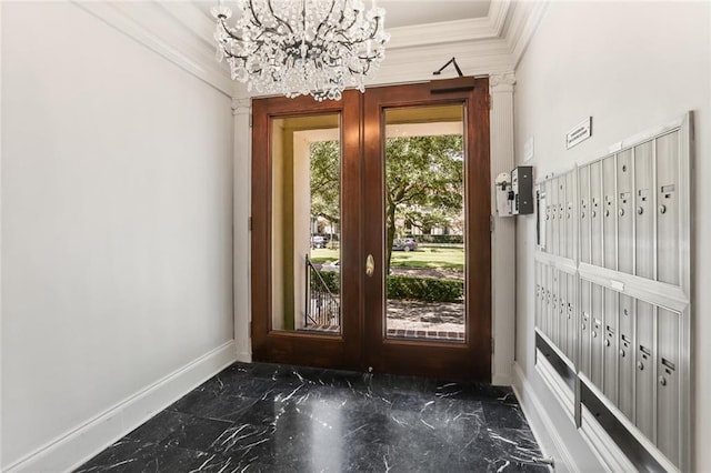 5421 St Charles Ave Unit 2D, New Orleans, LA 70115 - doorway to outside featuring ornamental molding, marble tiled floors, a chandelier, and french doors