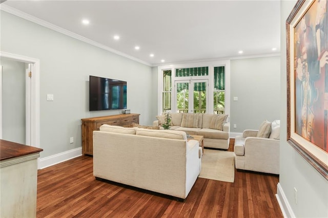 5421 St Charles Ave Unit 2D, New Orleans, LA 70115 - living room featuring crown molding, dark wood finished floors, and recessed lighting