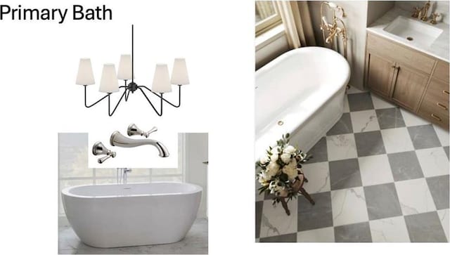 420 Metairie Heights Ave, Metairie, LA 70001 - bathroom with a soaking tub, vanity, and a chandelier