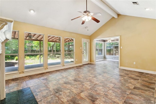 3 Trace Loop, Mandeville, LA 70448 - empty room featuring a ceiling fan, beamed ceiling, high vaulted ceiling, and stone finish floors