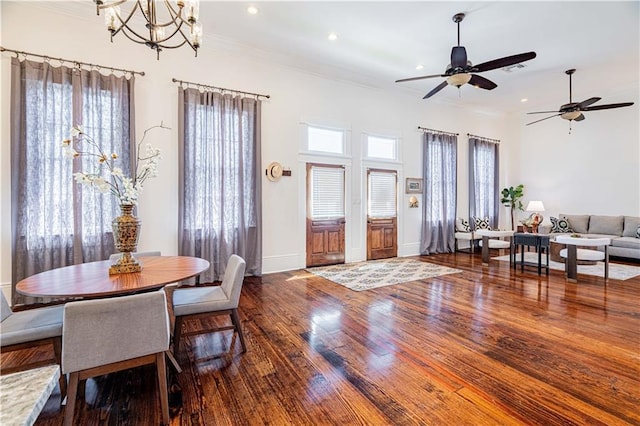 2546 Onzaga St, New Orleans, LA 70119 - dining area featuring healthy amount of natural light, wood finished floors, recessed lighting, ornamental molding, and ceiling fan