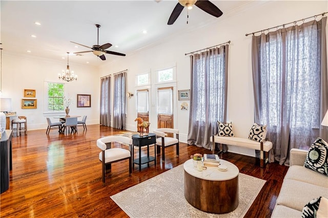 2546 Onzaga St, New Orleans, LA 70119 - living area with a ceiling fan, crown molding, wood finished floors, a chandelier, and recessed lighting