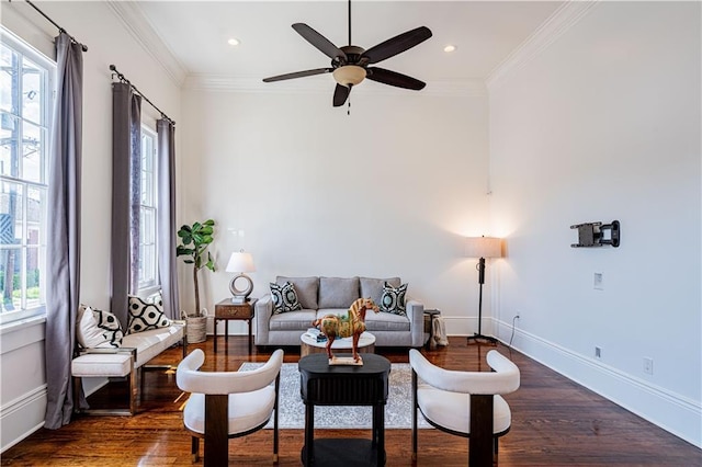 2546 Onzaga St, New Orleans, LA 70119 - living area with plenty of natural light, wood finished floors, a ceiling fan, ornamental molding, and recessed lighting