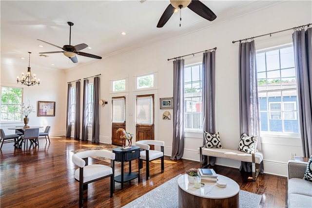 2546 Onzaga St, New Orleans, LA 70119 - living area with a ceiling fan, healthy amount of natural light, crown molding, dark wood-style floors, and recessed lighting