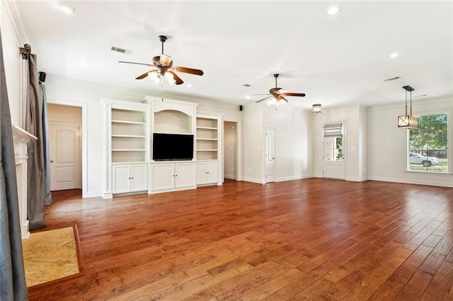 217 Sap Berry Dr, Madisonville, LA 70447 - unfurnished living room with a ceiling fan, ornamental molding, hardwood / wood-style flooring, and recessed lighting