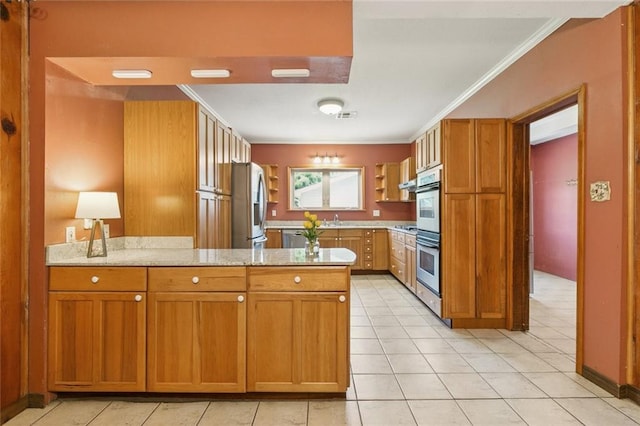 202 Amelia St, Destrehan, LA 70047 - kitchen with stainless steel appliances, a peninsula, ornamental molding, brown cabinetry, and open shelves