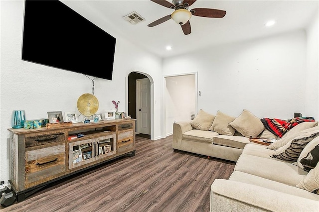 1640 Poland Ave, New Orleans, LA 70117 - living area featuring ceiling fan, arched walkways, dark wood finished floors, and recessed lighting