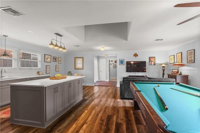 159 Valerie St, River Ridge, LA 70123 - recreation room with dark wood-style flooring, ceiling fan, ornamental molding, and billiards table