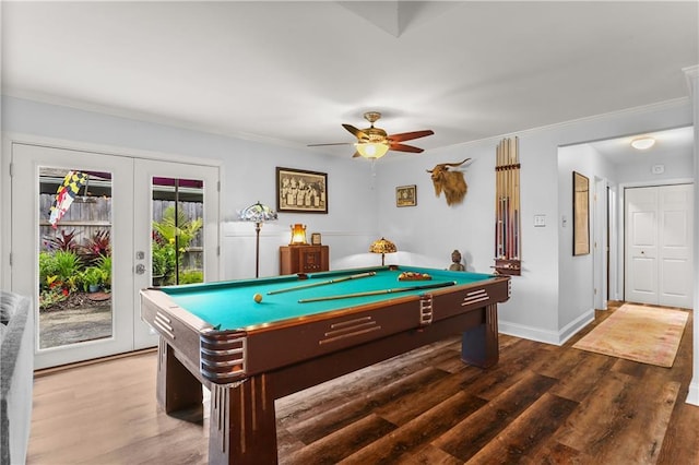 159 Valerie St, River Ridge, LA 70123 - rec room featuring billiards, crown molding, wood finished floors, ceiling fan, and french doors