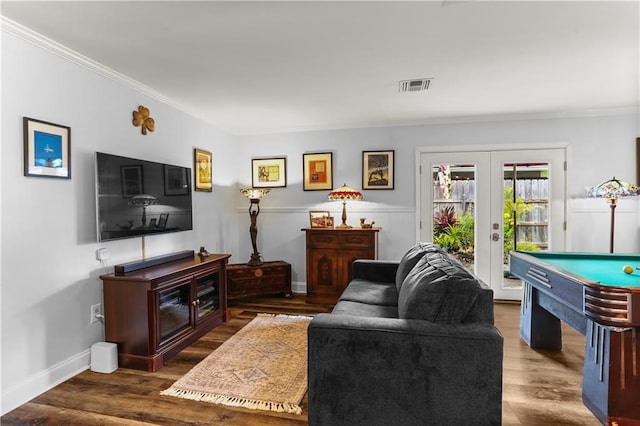 159 Valerie St, River Ridge, LA 70123 - living room with french doors, wood finished floors, ornamental molding, and billiards table