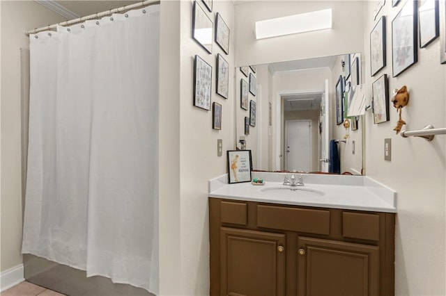 159 Valerie St, River Ridge, LA 70123 - bathroom with crown molding, vanity, a shower with curtain, and tile patterned flooring