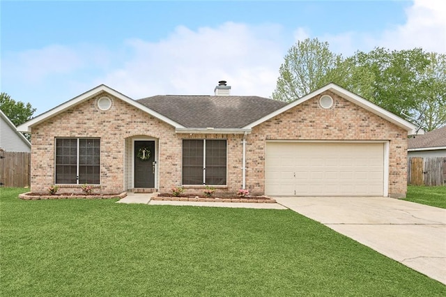 3225 Ridgeline Dr, Slidell, LA 70460 - ranch-style house with brick siding, concrete driveway, a garage, a chimney, and roof with shingles
