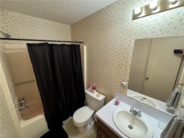 6655 Dalark Dr, Baton Rouge, LA 70812 - full bathroom with wallpapered walls, shower / bathtub combination with curtain, vanity, and a textured ceiling