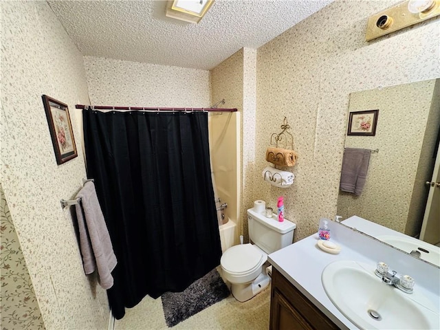 6655 Dalark Dr, Baton Rouge, LA 70812 - full bathroom featuring vanity, shower / bath combo, wallpapered walls, and a textured ceiling
