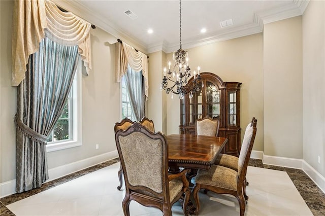 24 Royal Palm Dr, Kenner, LA 70065 - dining space featuring a chandelier, crown molding, recessed lighting, and inlaid floor details