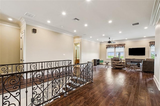 24 Royal Palm Dr, Kenner, LA 70065 - corridor featuring hardwood / wood-style floors, an upstairs landing, recessed lighting, and crown molding