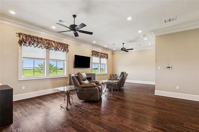 24 Royal Palm Dr, Kenner, LA 70065 - living room featuring a ceiling fan, crown molding, wood finished floors, and recessed lighting