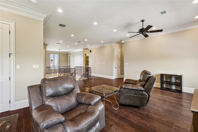 24 Royal Palm Dr, Kenner, LA 70065 - living room with crown molding, a ceiling fan, recessed lighting, and wood finished floors