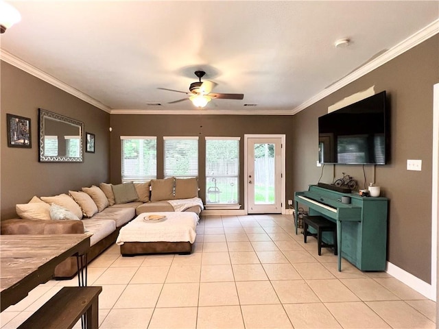 146 Emerald Oaks Dr, Covington, LA 70433 - living area with a ceiling fan, light tile patterned floors, and crown molding