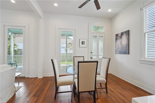 20810 S Scott St, New Orleans, LA 70119 - dining space featuring ceiling fan, dark wood finished floors, healthy amount of natural light, and recessed lighting