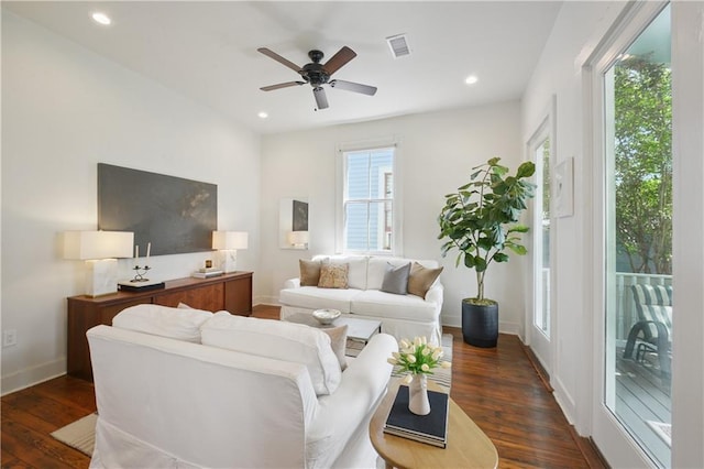 20810 S Scott St, New Orleans, LA 70119 - living room featuring wood finished floors, a ceiling fan, and recessed lighting