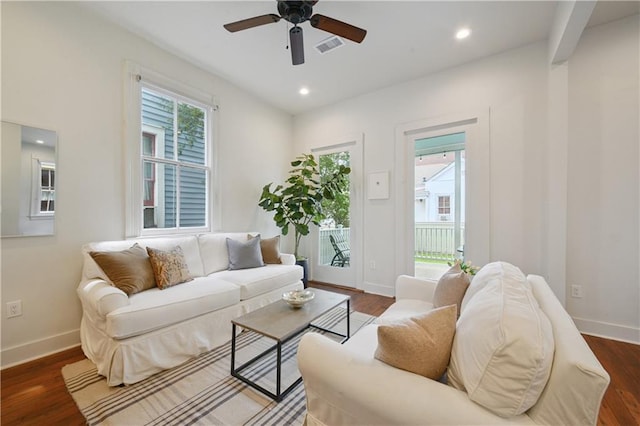 20810 S Scott St, New Orleans, LA 70119 - living room featuring a ceiling fan, wood finished floors, and recessed lighting