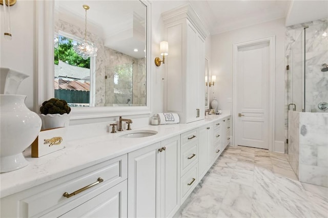 108 Dorrington Blvd, Metairie, LA 70005 - full bathroom with a marble finish shower, double vanity, crown molding, and marble look tiles