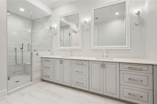 108 Dorrington Blvd, Metairie, LA 70005 - bathroom with double vanity, a shower stall, ornamental molding, and recessed lighting
