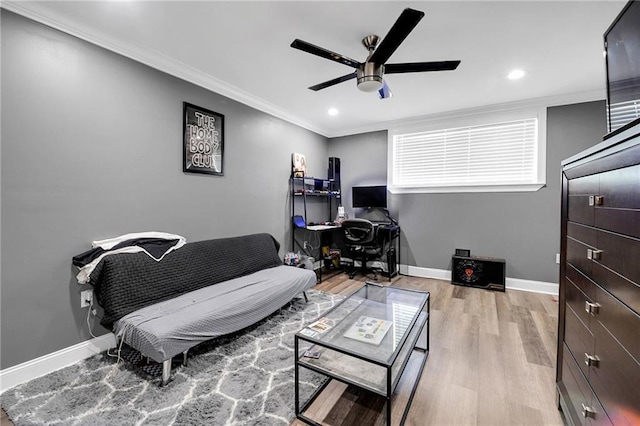 813 Cynthia Ave, Metairie, LA 70003 - office with ceiling fan, light wood-style floors, crown molding, and recessed lighting