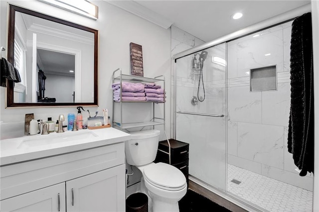 813 Cynthia Ave, Metairie, LA 70003 - bathroom with vanity, crown molding, a stall shower, and recessed lighting