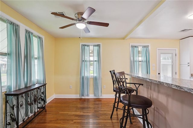 3713 Lausat St, Metairie, LA 70001 - kitchen with plenty of natural light, dark wood-style floors, a breakfast bar area, and light stone countertops